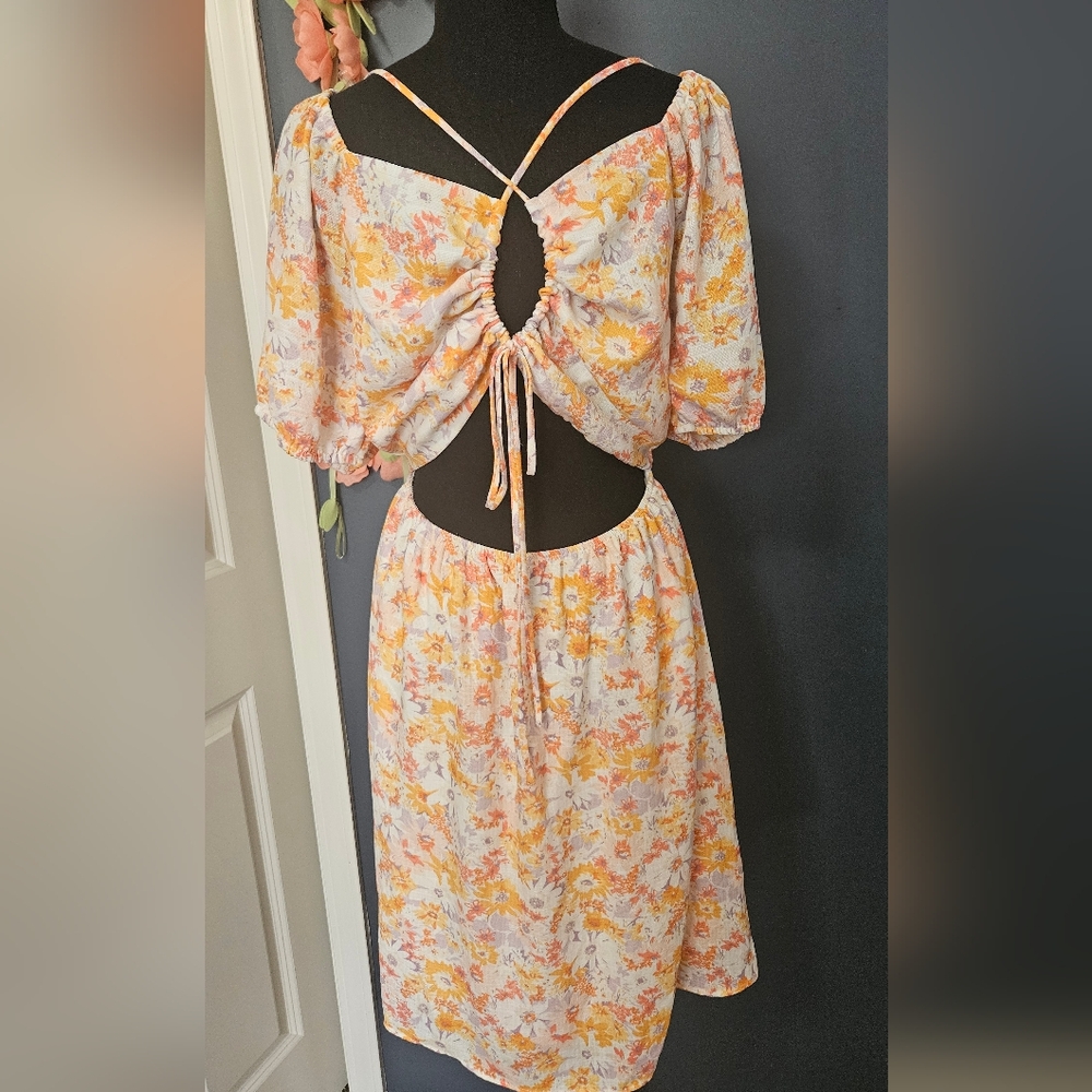 Floral Cutout Midi Dress in Yellow and Peach